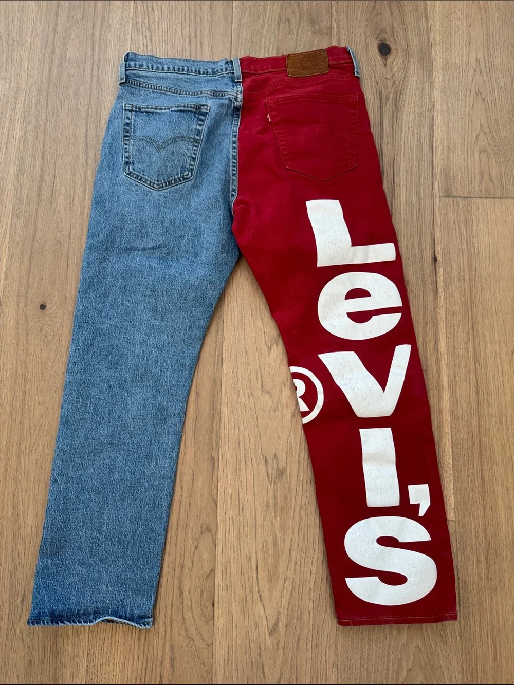 Levi’s 541 Athletic Taper Colorblock Jeans Mens W34 L30 Logo Spellout Red/Denim